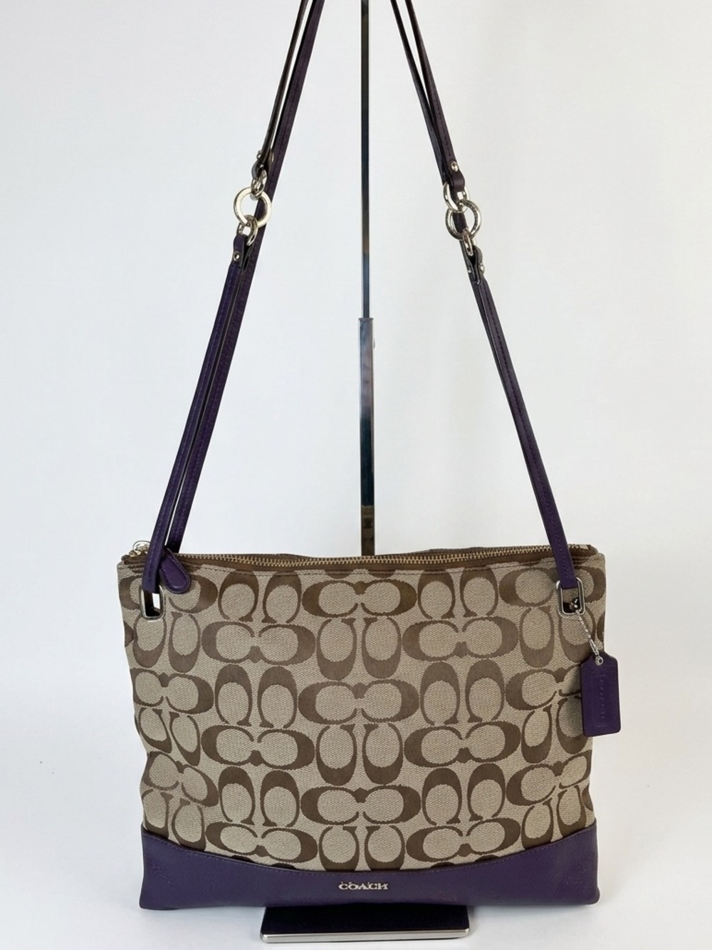 Coach Madison Slim File Bag — Signature Canvas & Purple Leather